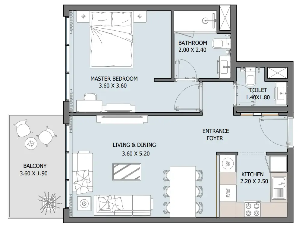 Oceana 1 bed floor plan, 681 sqft