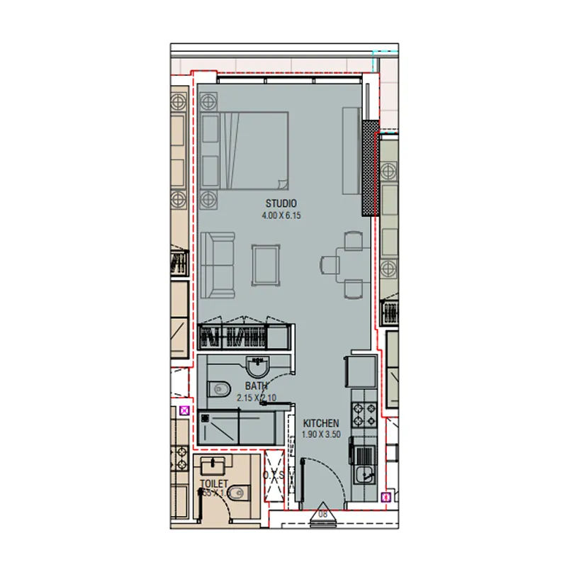 Al Waleed W.S 1 Studio floor plan, 417 – 421 sqft