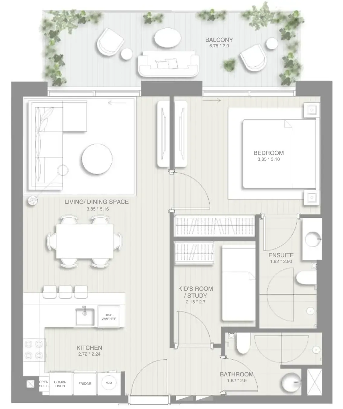 Sol Levante 1 bed floor plan, 860 sqft