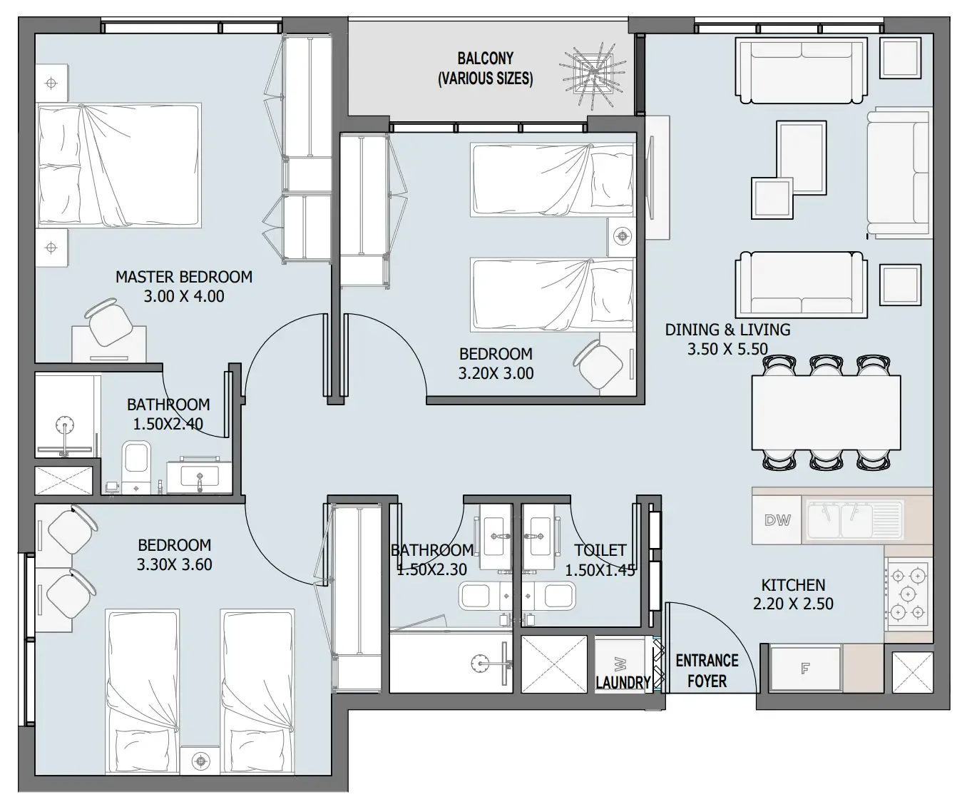 Verdana III 3 bed floor plan, 1,021 sqft