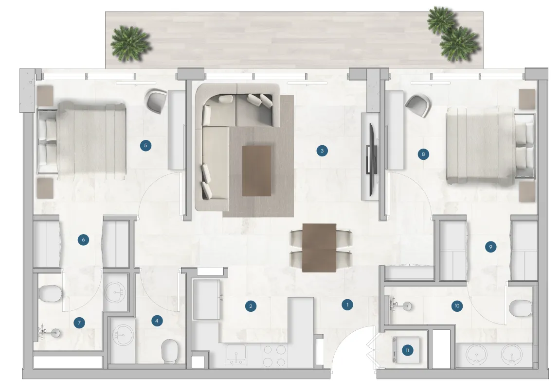 Sola Residences 2 bed floor plan, 1,020 sqft