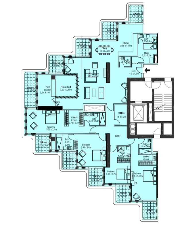 One B Tower 4 bed floor plan, 3,891 sqft