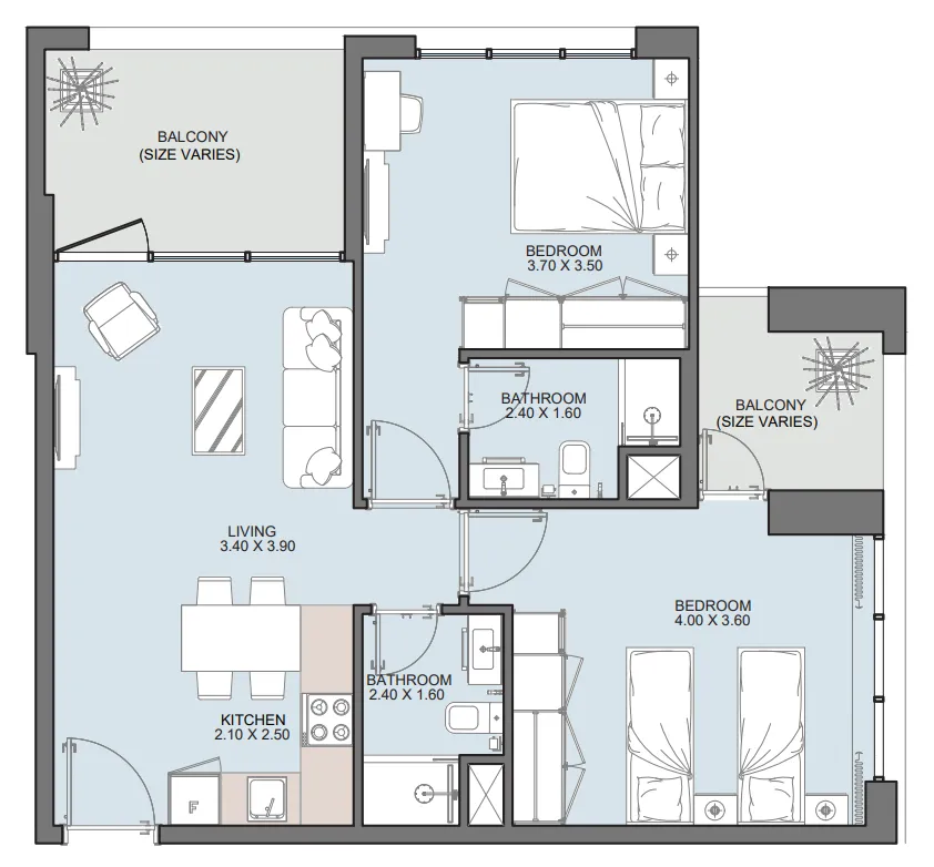 Alba Tower 2 bed floor plan, 908 – 1,099 sqft