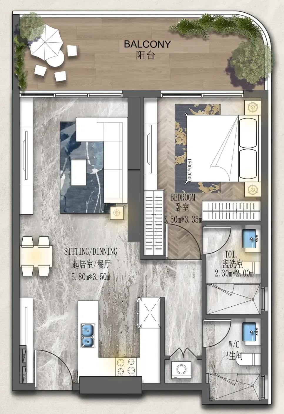 Forest City 2 1 bed floor plan, 886 sqft