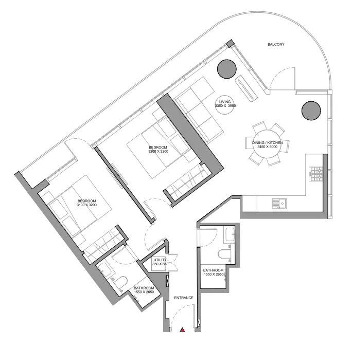 Sobha Solis 2 bed floor plan, 1,126 – 1,128 sqft