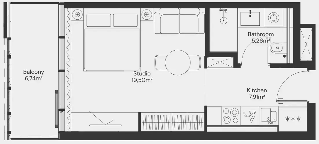 John Richmond District Studio floor plan, 424 sqft