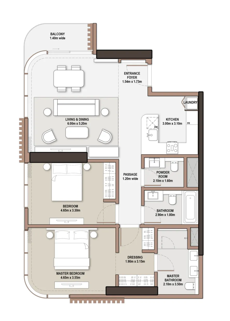 The Edit at d3 2 bed floor plan, 1,266 sqft