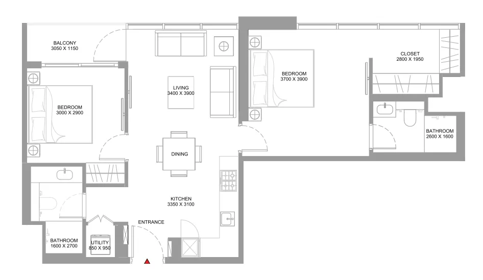 Starline Beach Residences 2 bed floor plan, 840 sqft