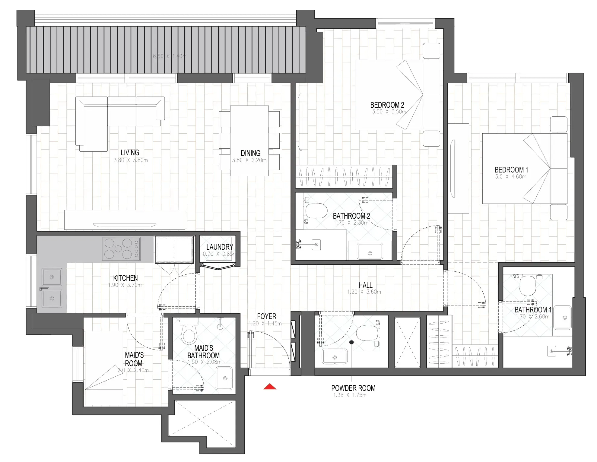 Olfah 2 bed floor plan, 1,259 sqft