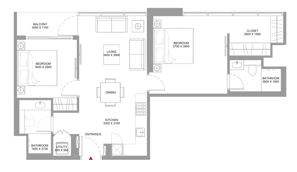 Starline Beach Residences 2 bed floor plan, 839 sqft