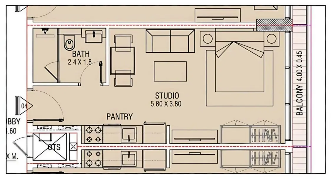 Brand Centro Studio floor plan, 383 sqft