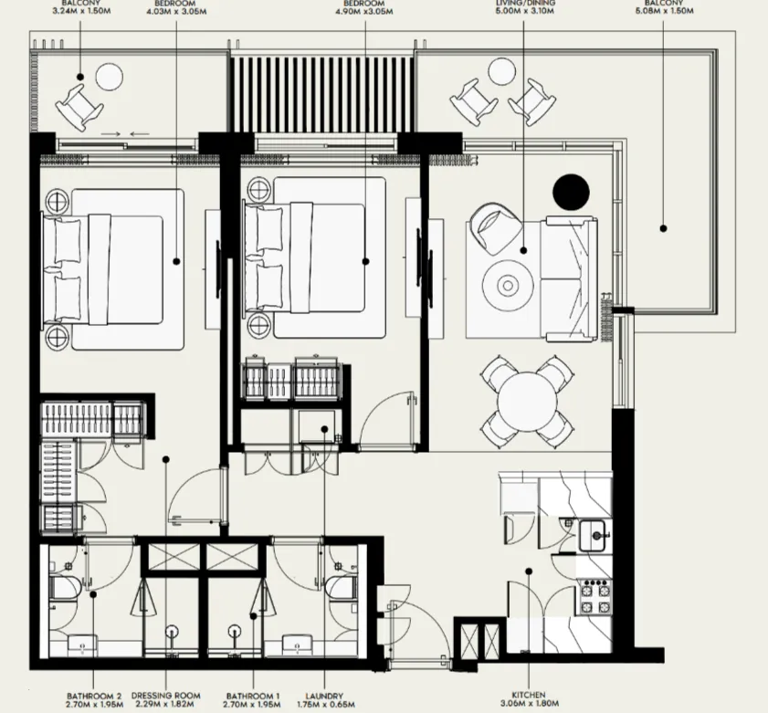 Azizi Venice 2 bed floor plan, 1,091 sqft