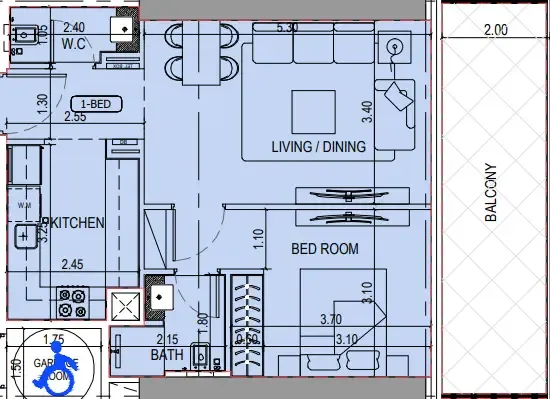 Binghatti Sky Terraces 1 bed floor plan, 757 sqft