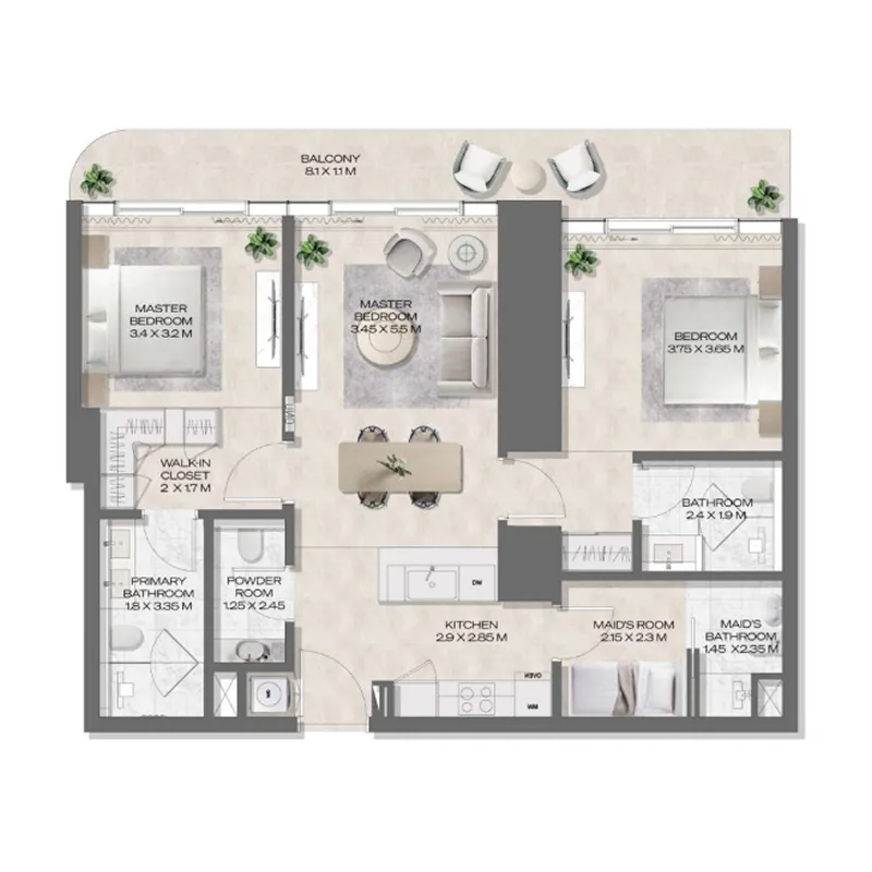 DWTN Residences 2 bed floor plan, 1,232 sqft