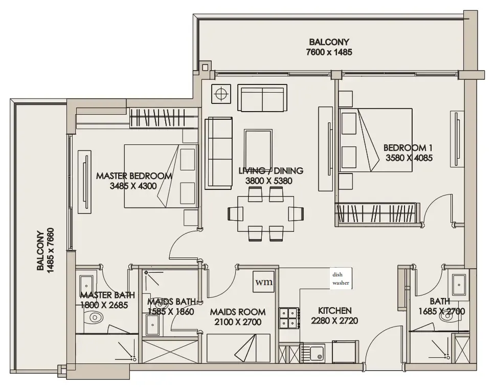 Nirvana Residences 1 2 bed floor plan, 1,229 sqft