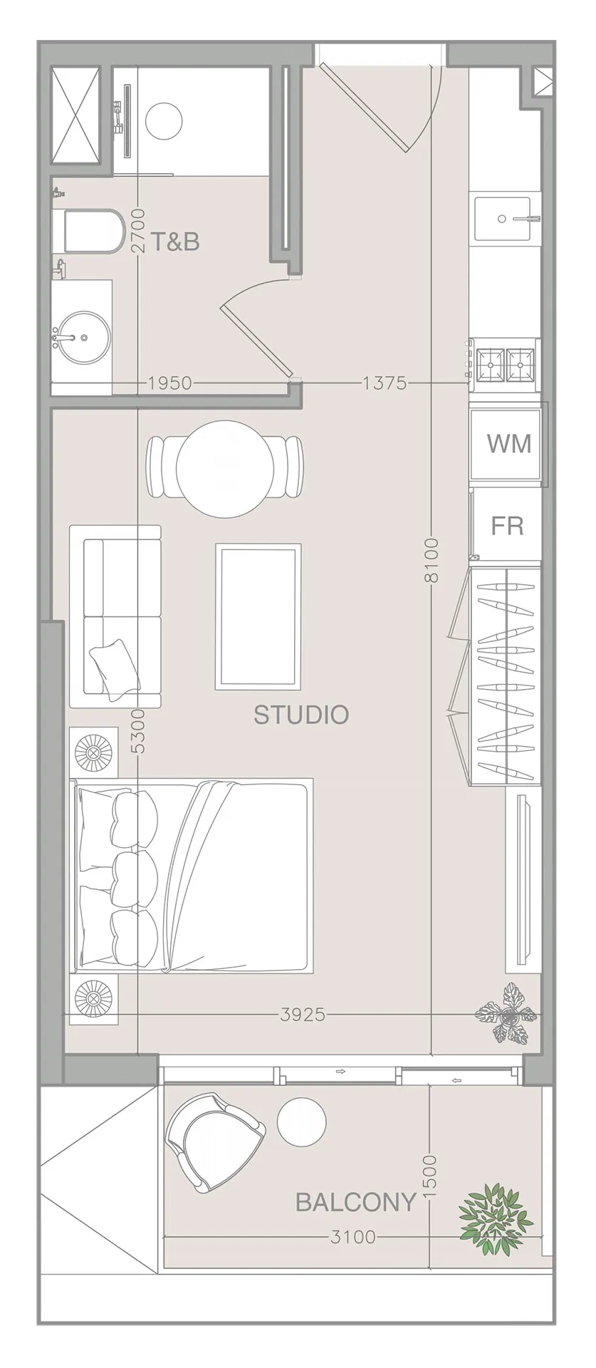 1WOOD Residence 2 Studio floor plan, 427 sqft