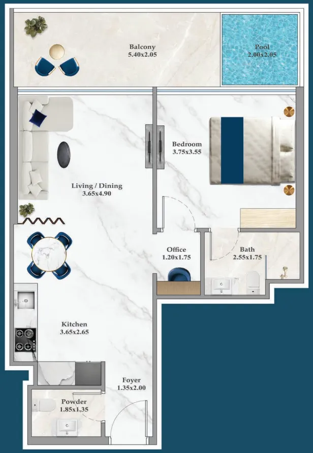 Timez 1 bed floor plan, 721 – 722 sqft