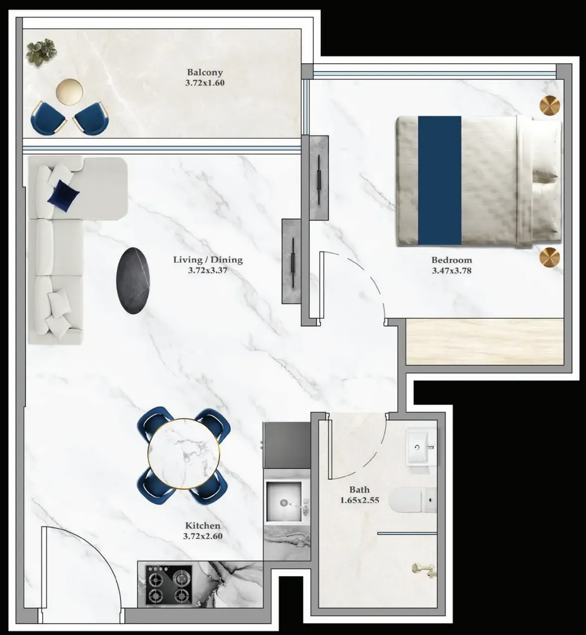 Aspirz 1 bed floor plan, 489 – 496 sqft