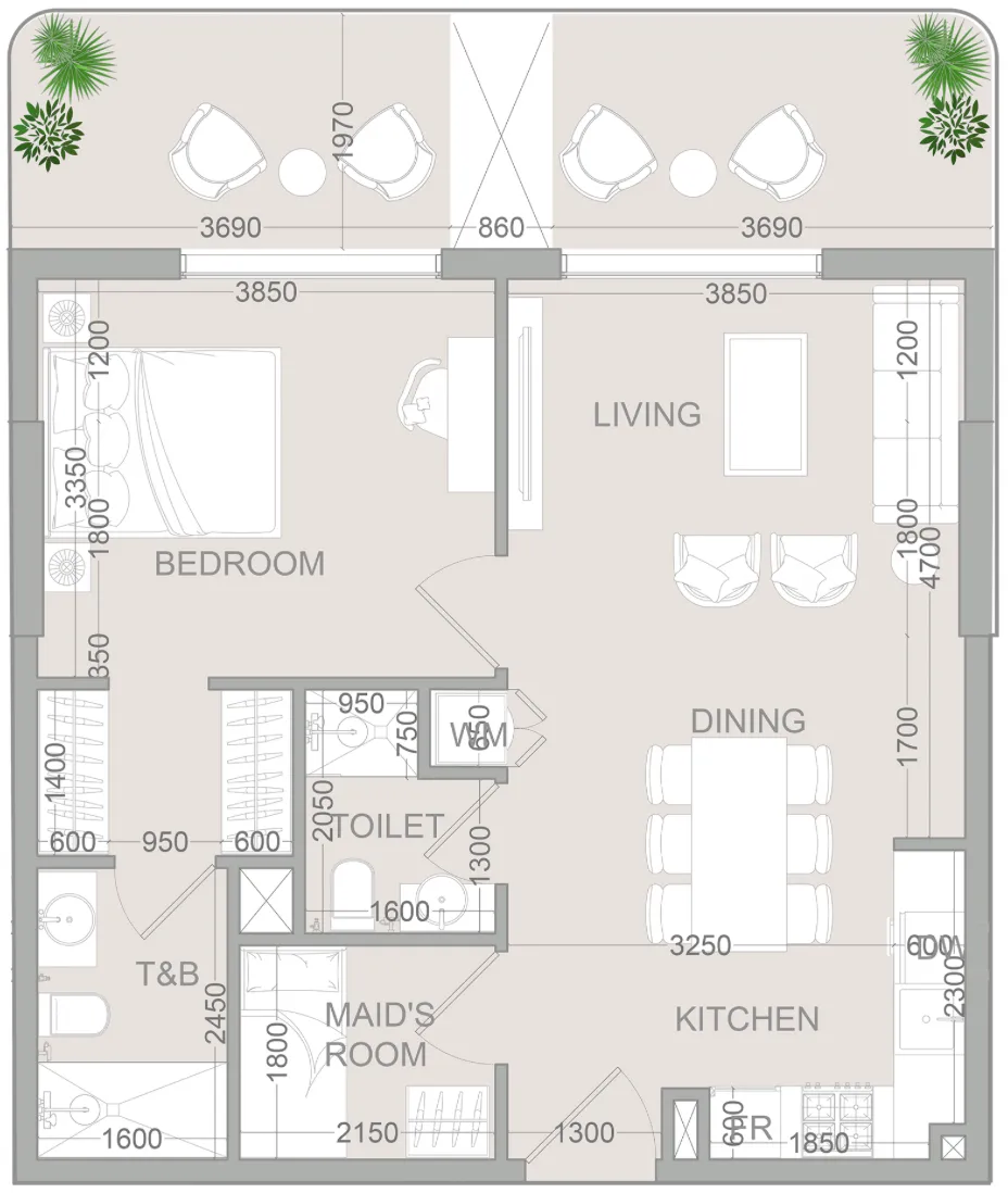 TETR1S Tower 1 bed floor plan, 821 sqft