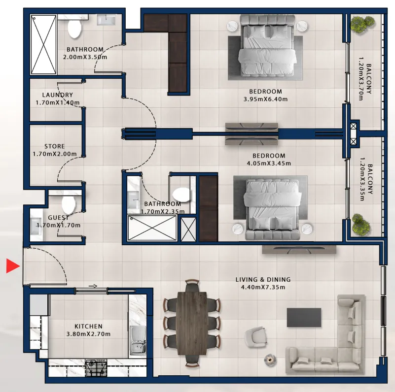 Asayel Avenue 2 bed floor plan, 1,470 sqft