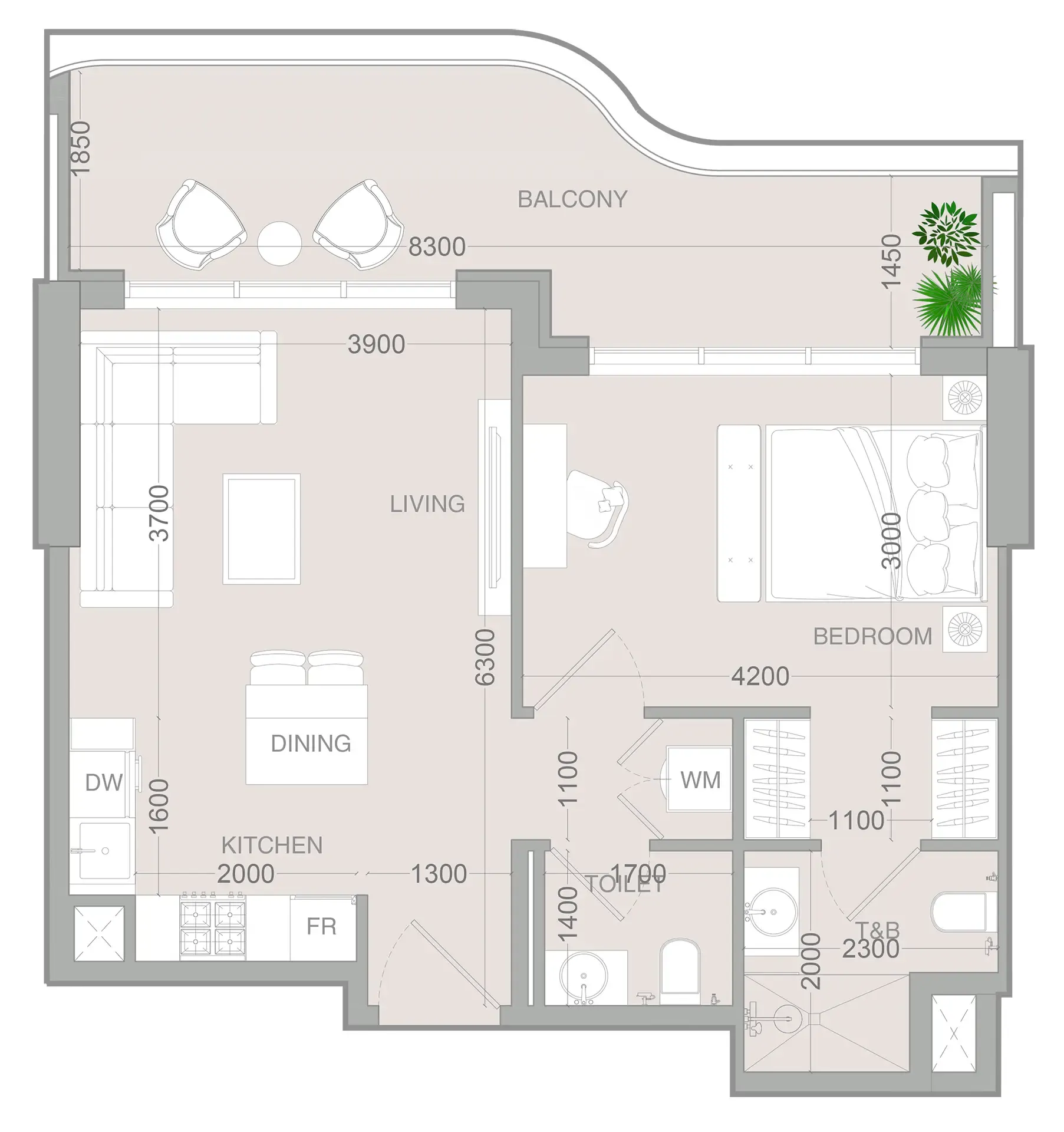 ALTA V1EW 1 bed floor plan, 743 sqft