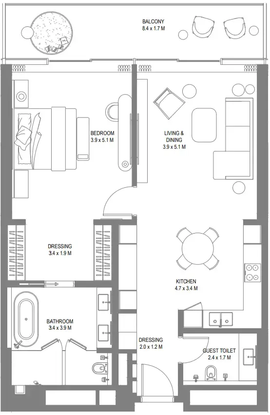 Anantara Sharjah Resort 1 bed floor plan, 1,188 sqft