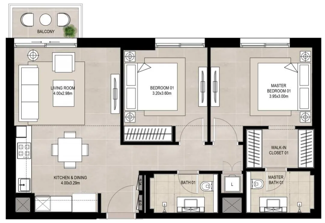 Fiori Residences 2 bed floor plan, 848 sqft