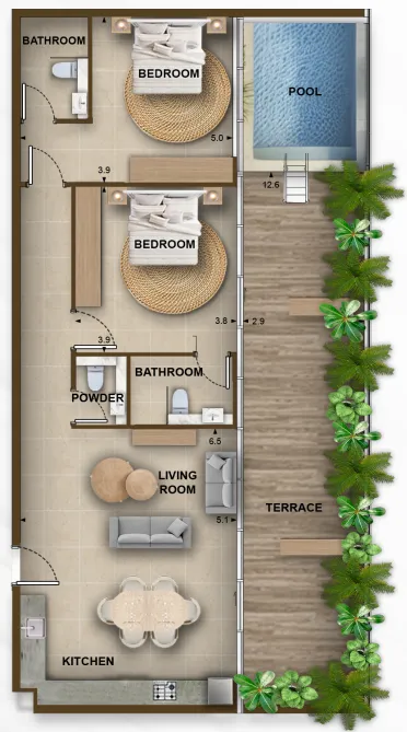 105 Residences by Kamdar 2 bed floor plan, 1,460 – 1,464 sqft