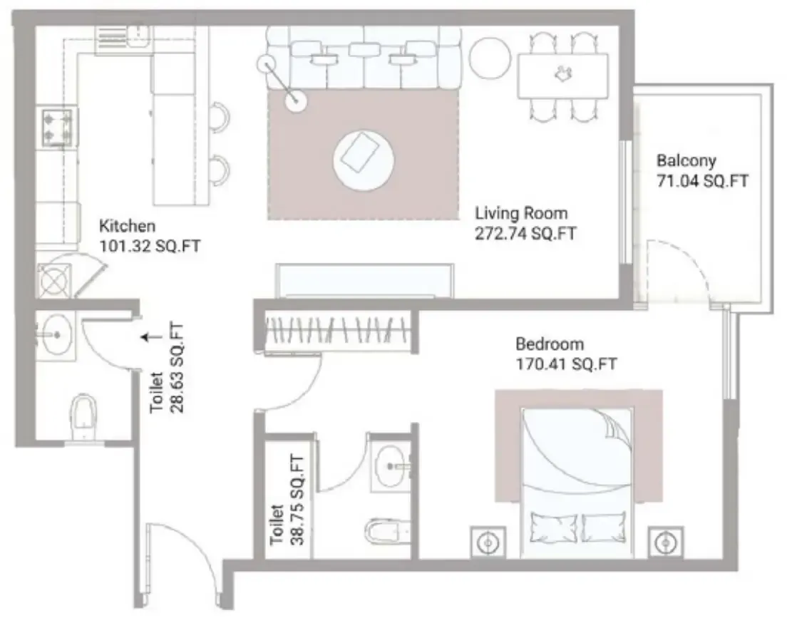 Ajman Creek Towers 1 bed floor plan, 1,111 – 1,135 sqft