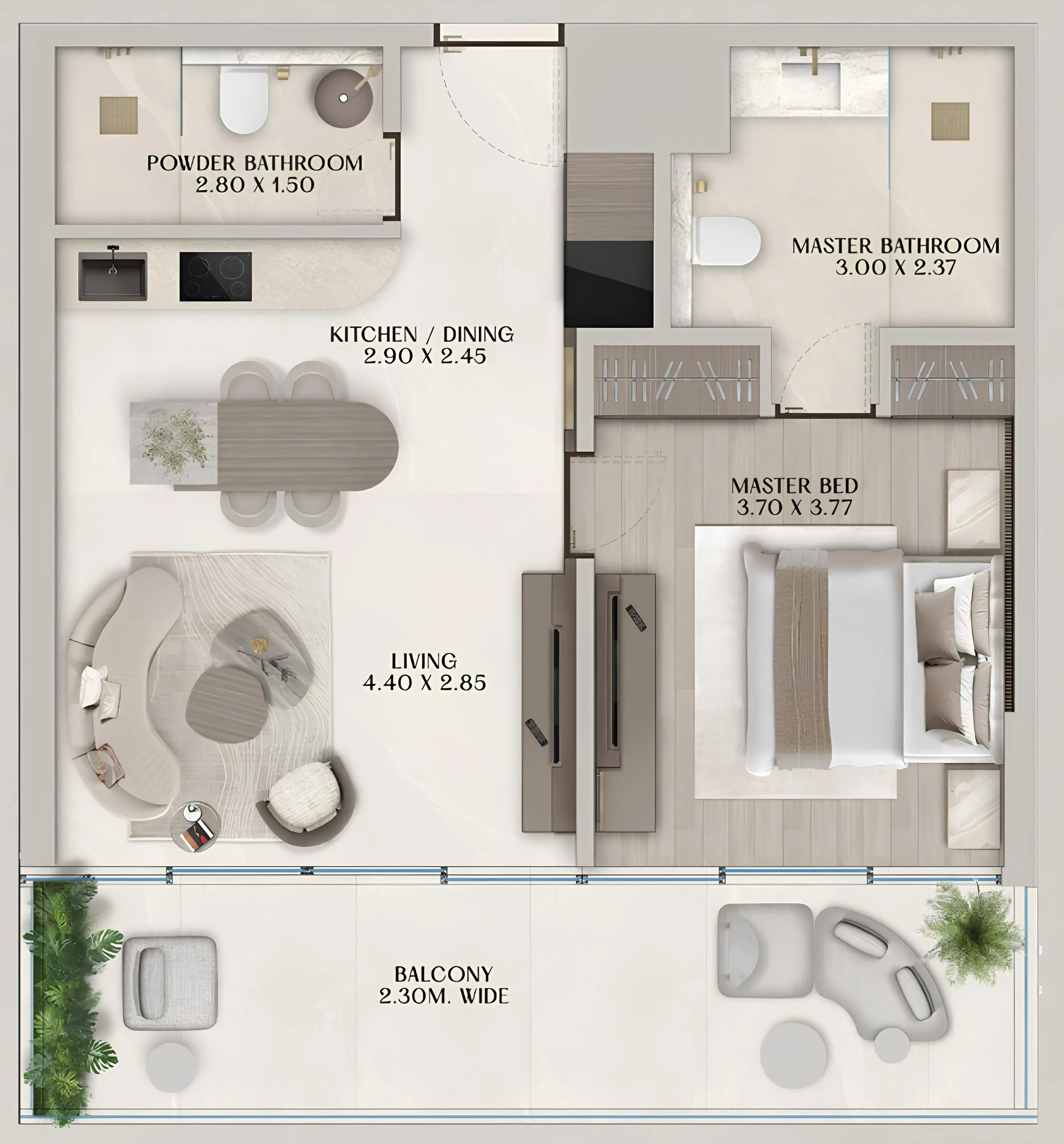 Soléva Beach Residences 1 bed floor plan, 855 sqft