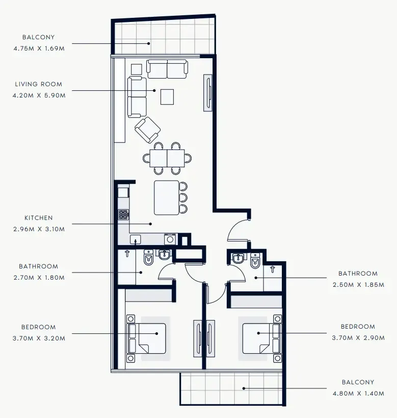 Riviera Rêve 2 bed floor plan, 1,232 sqft
