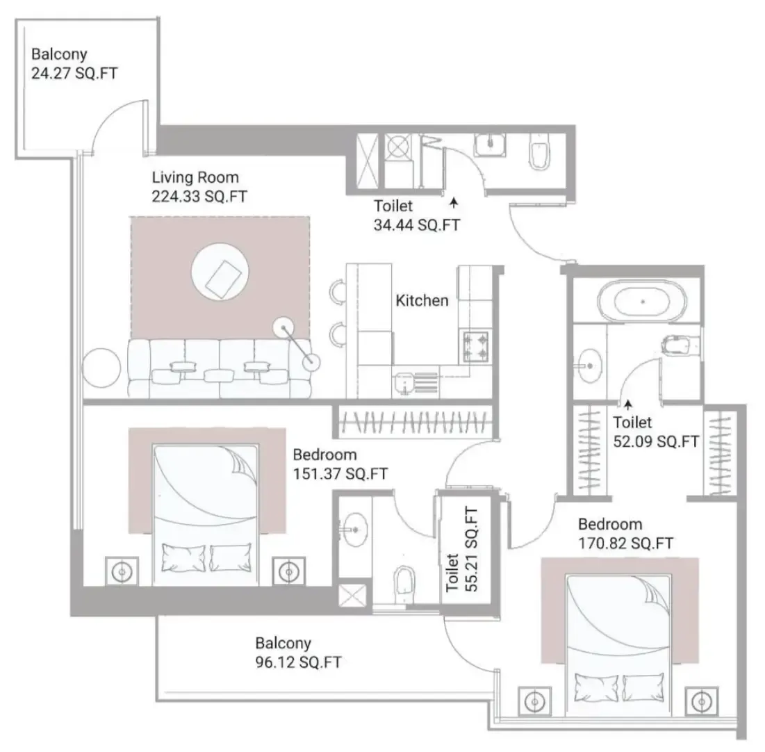 Ajman Creek Towers 2 bed floor plan, 1,598 sqft
