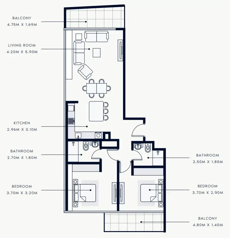 Riviera Rêve 2 bed floor plan, 1,232 sqft