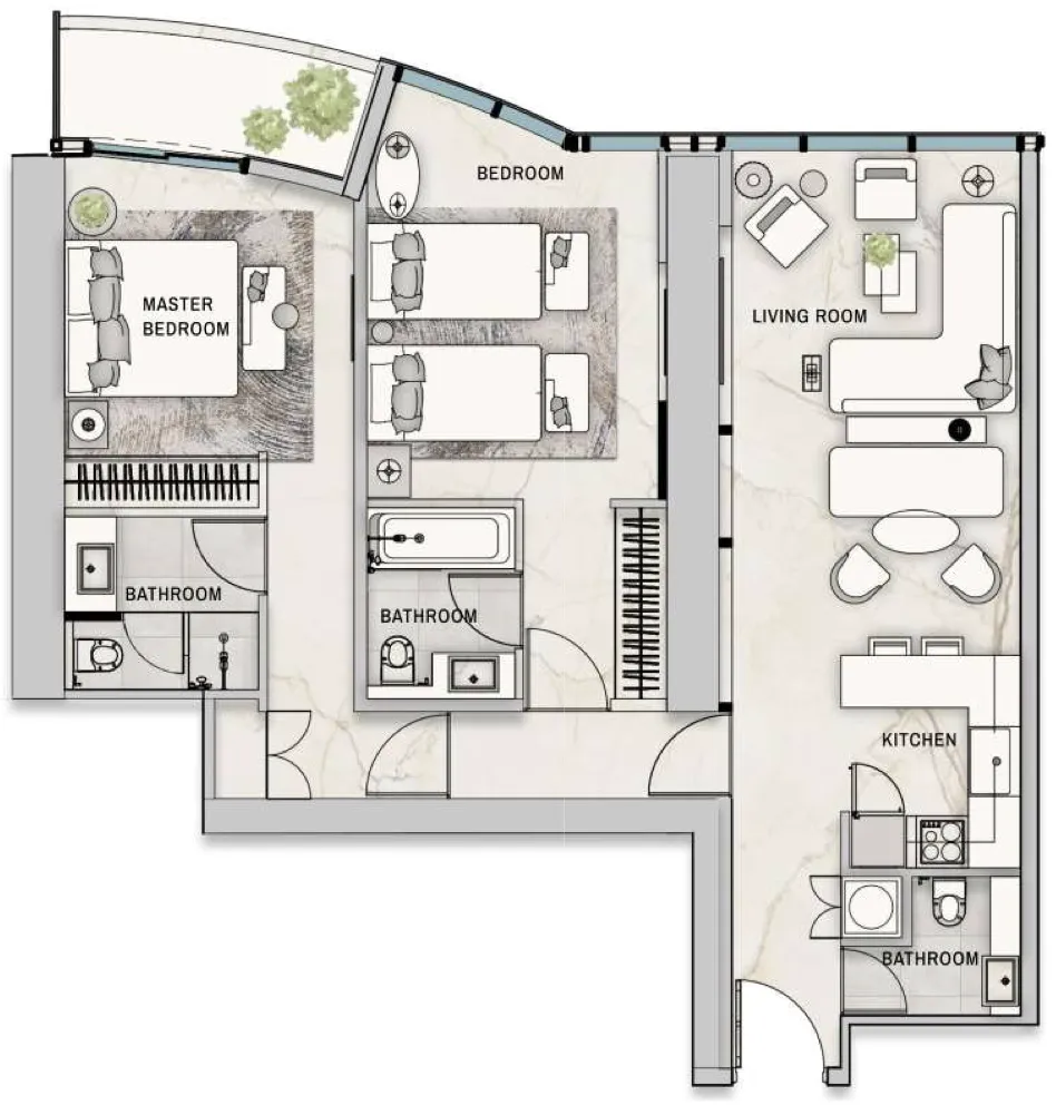 The Biltmore Residences Sufouh 2 bed floor plan, 1,047 sqft