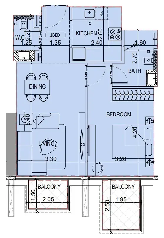 Binghatti Luxuria 1 bed floor plan, 652 sqft