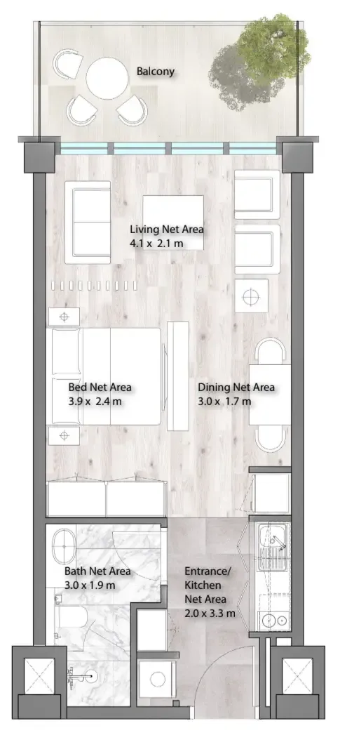 Yas Beach Residence Studio floor plan, 482 – 535 sqft