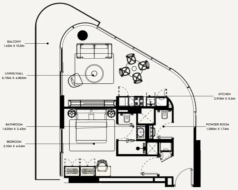 Azizi Rose 1 bed floor plan, 855 sqft