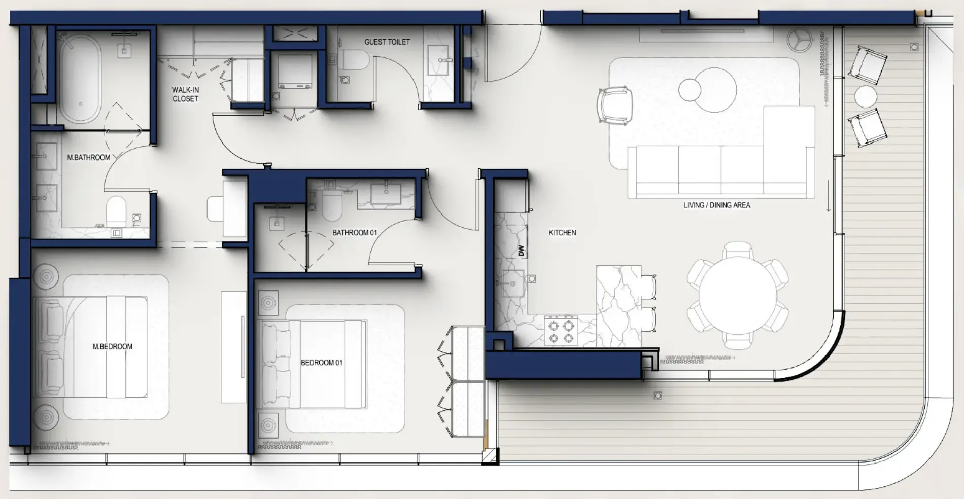 Hilton Residences 2 bed floor plan, 1,377 sqft