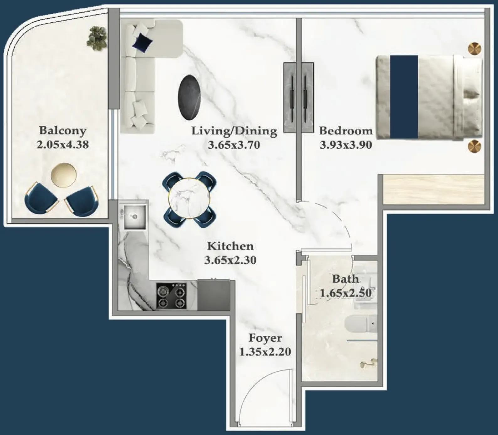 Serenz 1 bed floor plan, 590 sqft