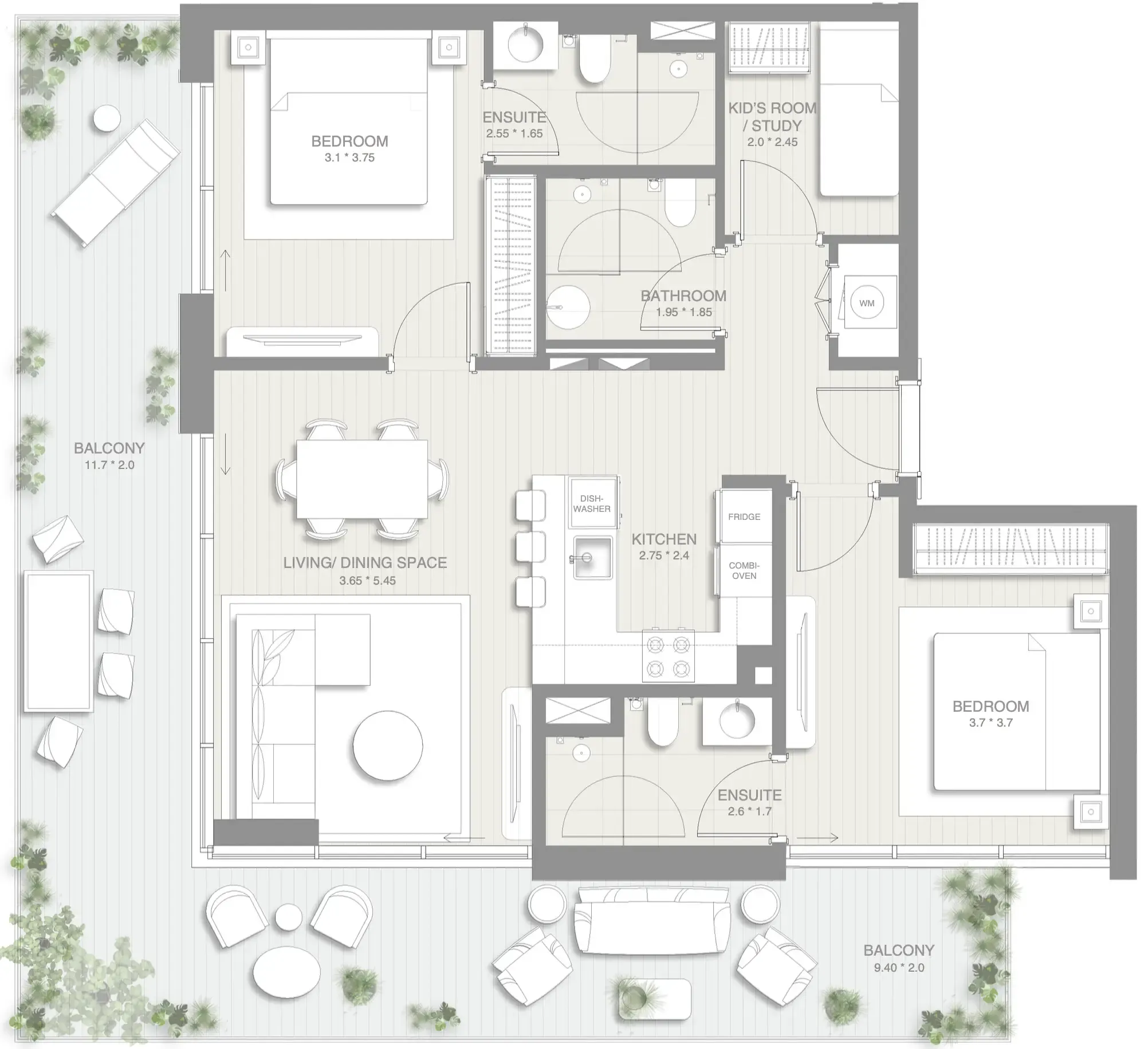 Sol Levante 2 bed floor plan, 1,408 sqft
