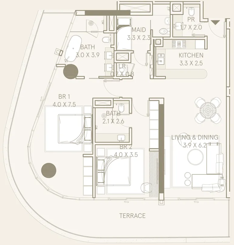 Saas Hills 2 bed floor plan, 2,403 sqft