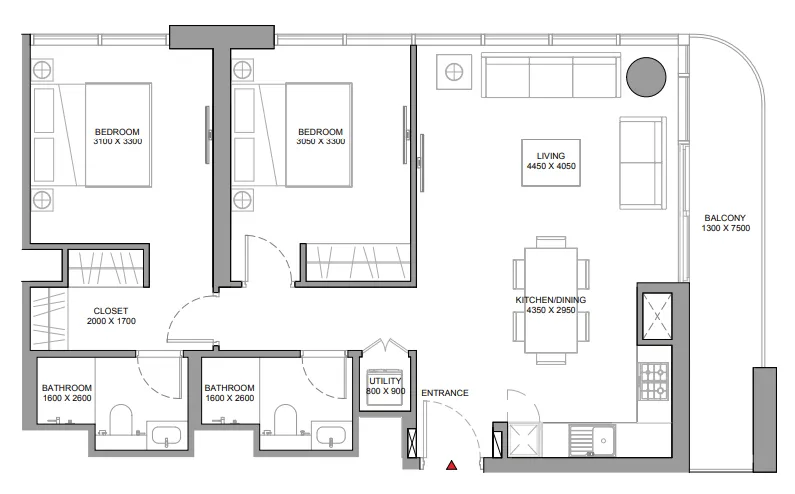 Florine Beach Residences 2 bed floor plan, 971 – 973 sqft
