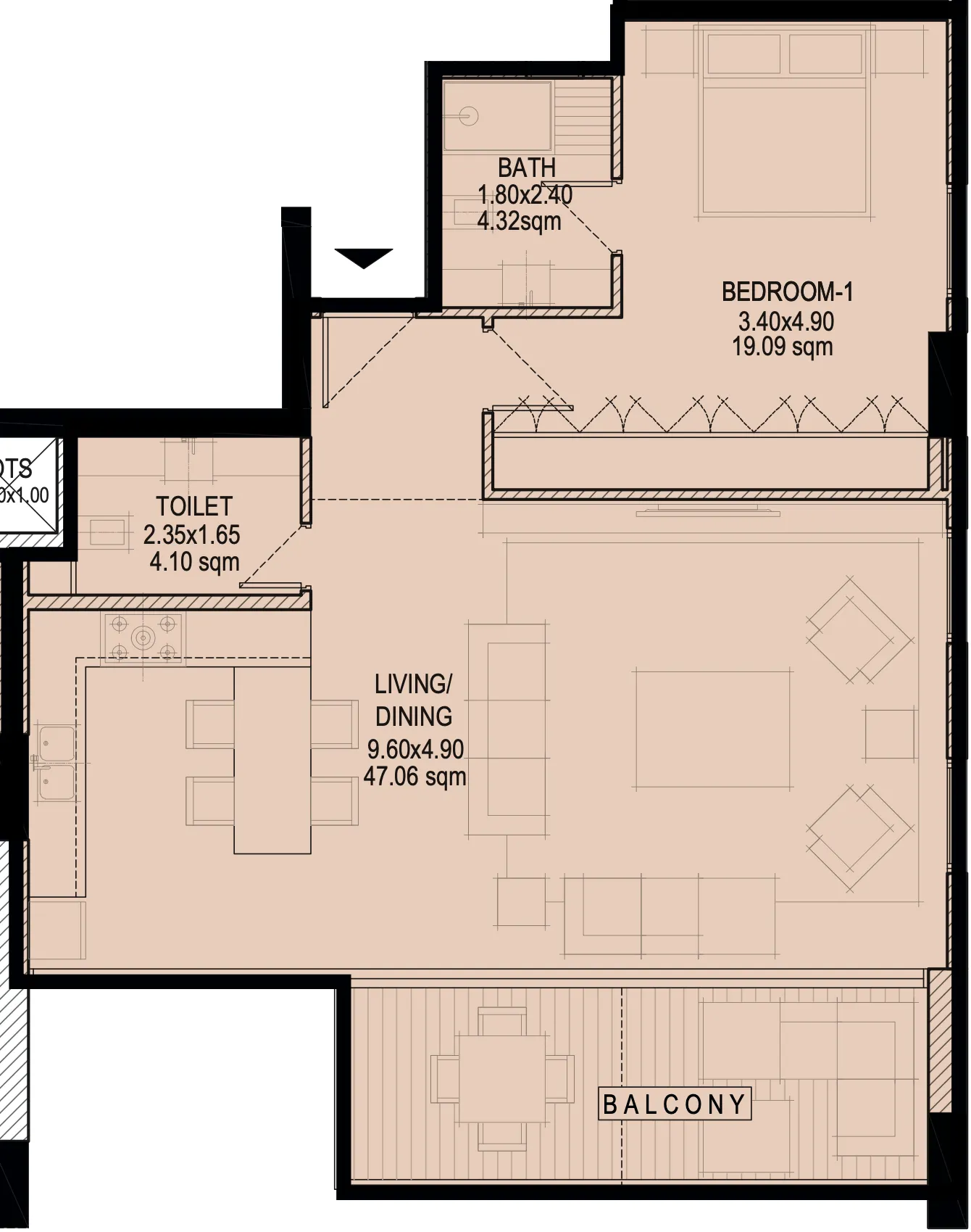 Glam Residence 1 bed floor plan, 1,024 sqft
