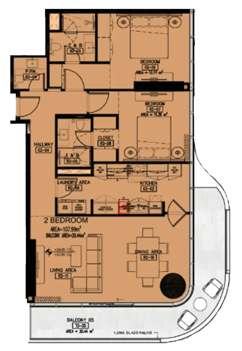 Azha Millennium Residences 2 bed floor plan, 1,410 – 1,427 sqft