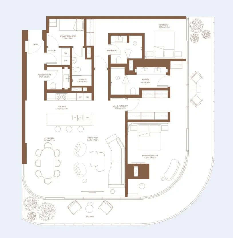 Dubai Harbour Residence 2 bed floor plan, 2,598 sqft