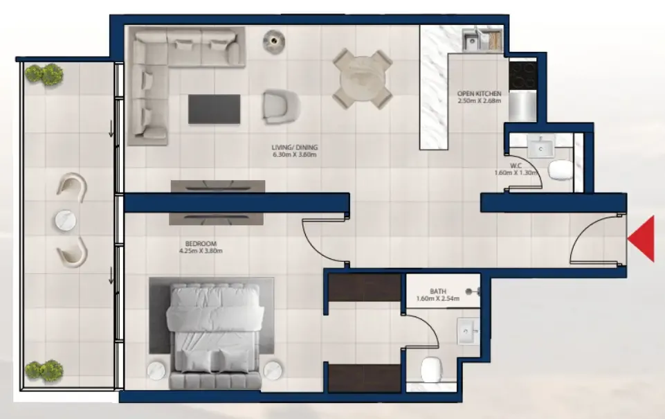 Al Vista 1 bed floor plan, 938 sqft
