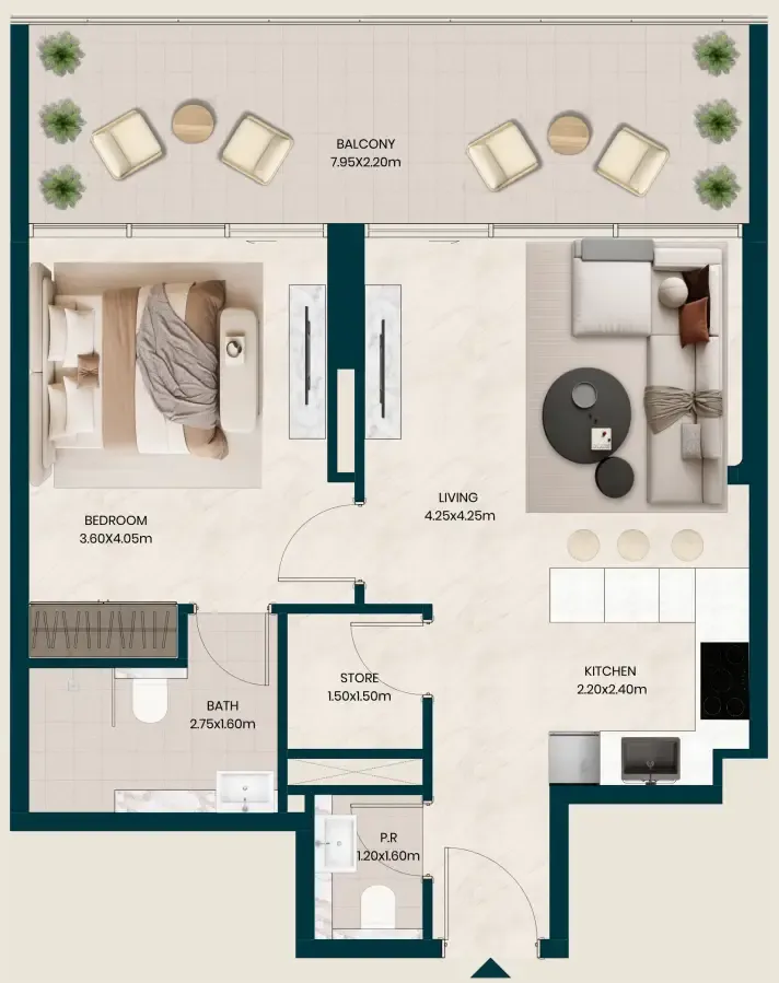 Kyomi Residences 1 bed floor plan, 802 sqft