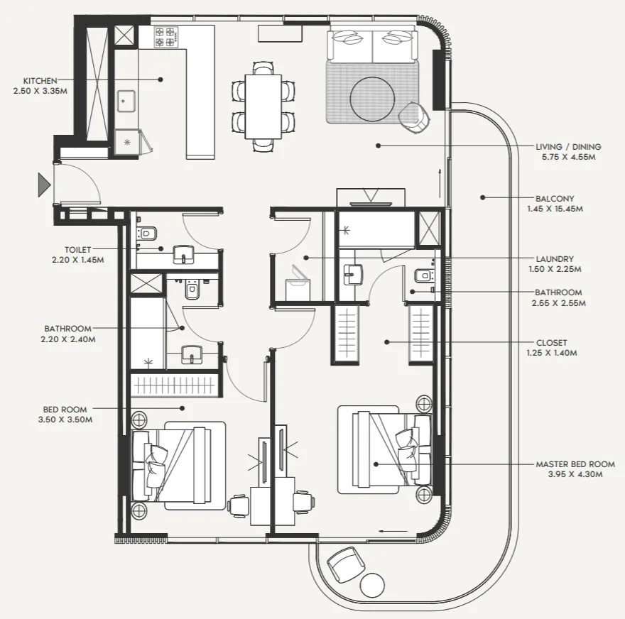 Azizi Amir 2 bed floor plan, 1,411 sqft