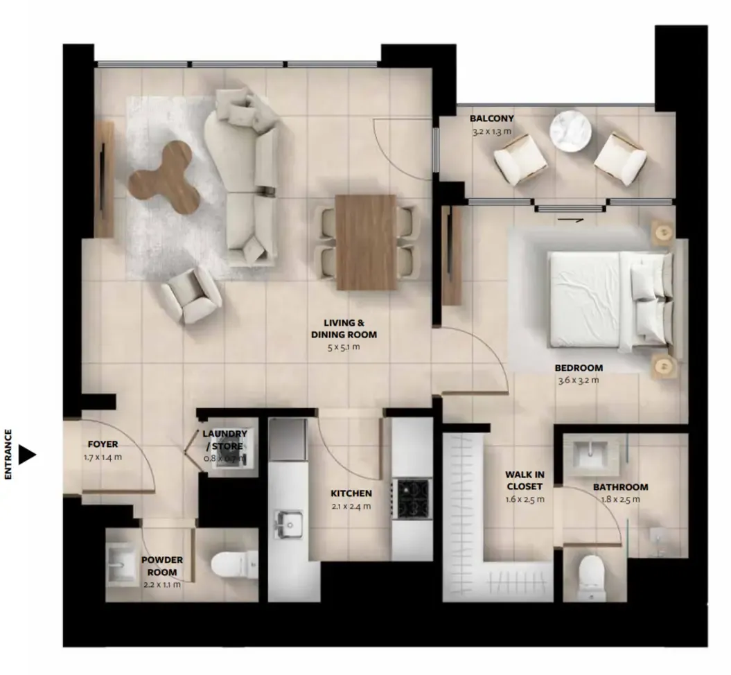 Waada Dubai South 1 bed floor plan, 749 sqft
