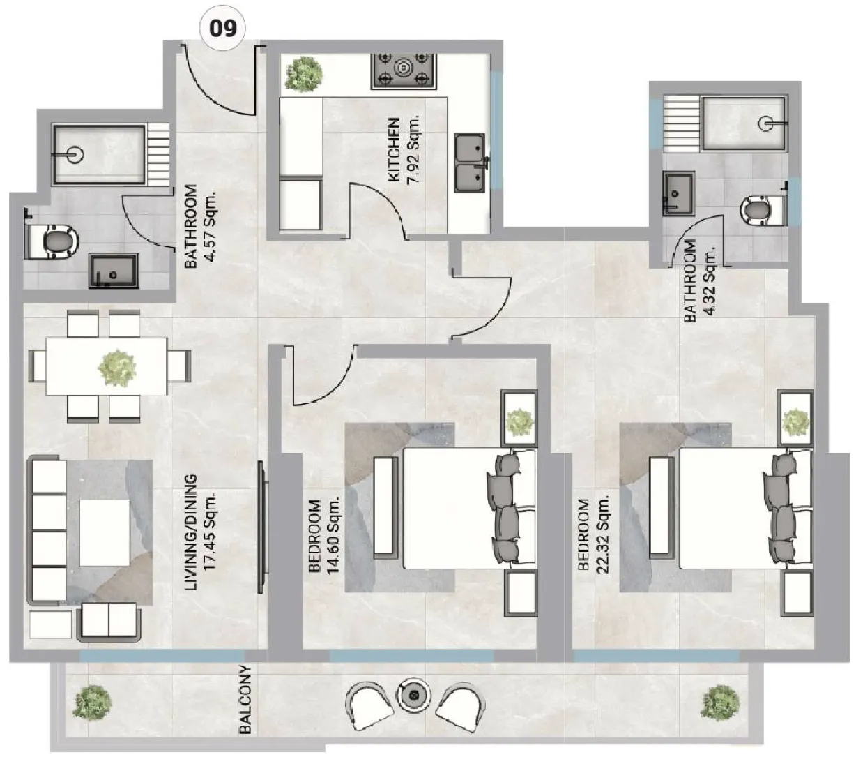 Barajeel Towers 2 bed floor plan, 1,720 sqft
